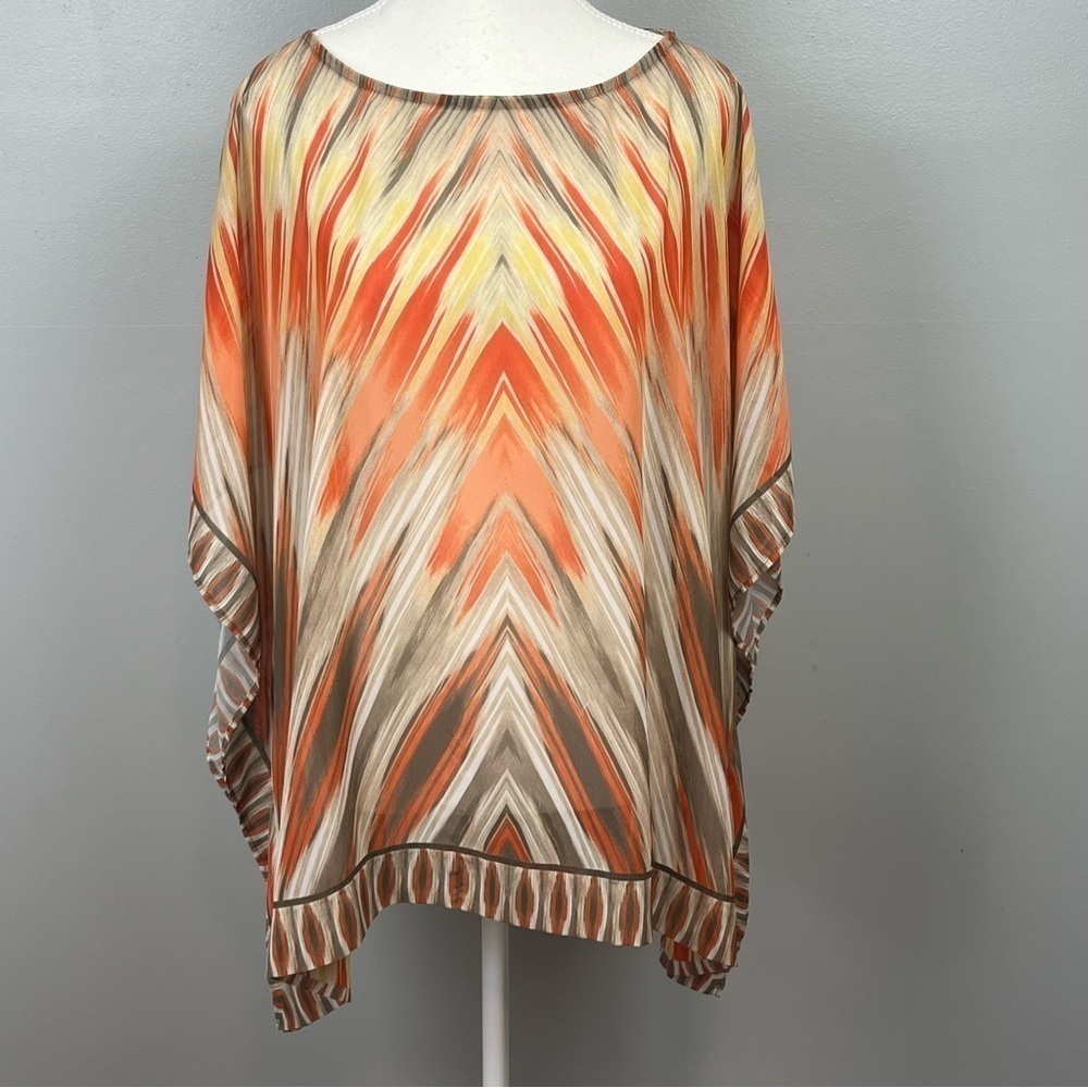 Chico’s orange & brown abstract print semisheer square overlay blouse, large/xl.